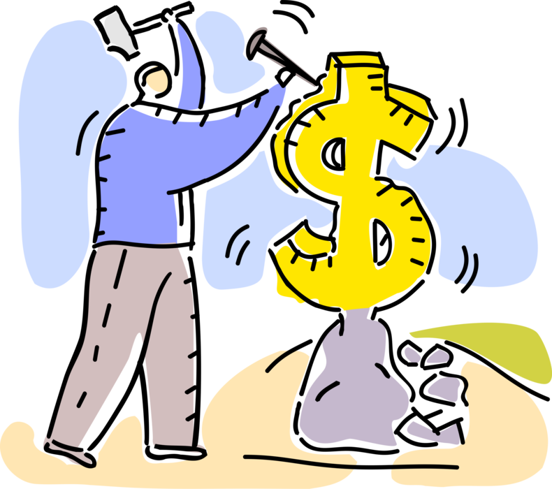 Vector Illustration of Businessman Sculptor Sculpting Cash Money Dollar Sign with Hammer and Chisel