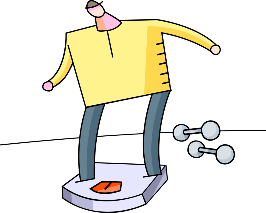 Vector Illustration of Physical Fitness Exercise Enthusiast Stands on Bathroom Weight Scale