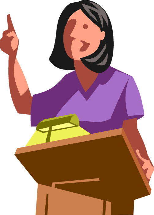 Vector Illustration of Businesswoman Presenter Makes Business Presentation to Audience at Speaker's Podium Lectern