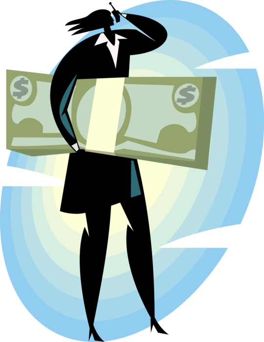 Vector Illustration of Businesswoman Achieves Success with Cash Money Dollar Bills