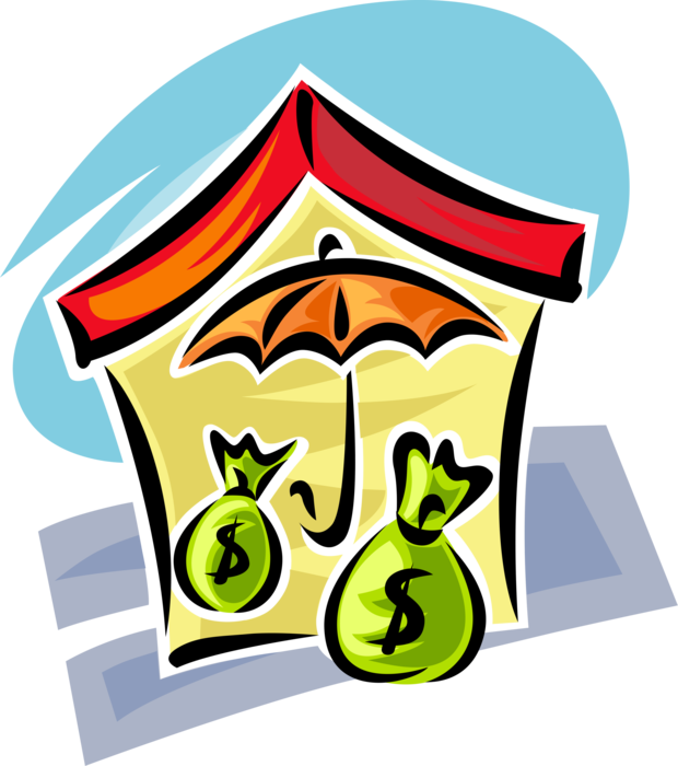 Vector Illustration of Home Real Estate Mortgage Insurance with Umbrella and Bags of Money Dollars