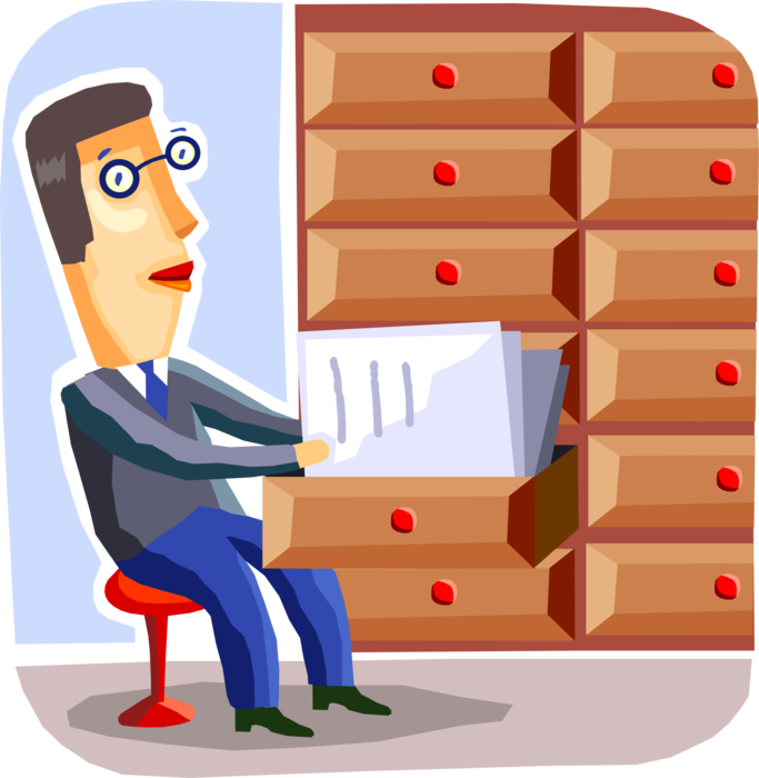 Vector Illustration of Businessman Files Paperwork Project Documents in Office Filing Cabinet Drawers