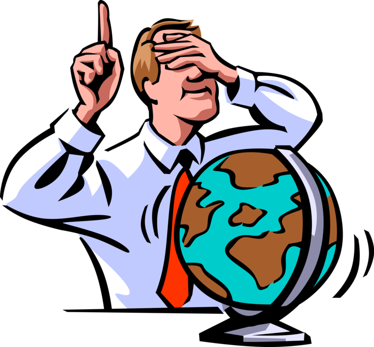 Vector Illustration of Businessman Blindly Points to Intended Target Market on Spinning World Globe