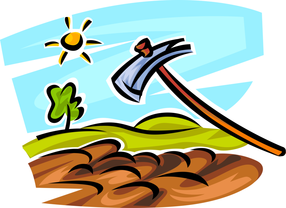 Vector Illustration of Garden Hoe Breaks the Surface of the Ground in Gardening