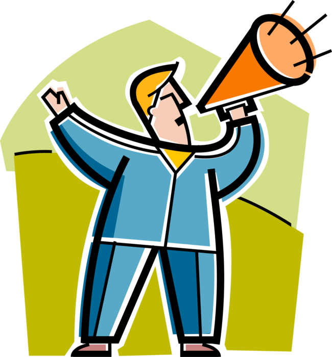 Vector Illustration of Man Broadcasts Important Announcement with Megaphone or Bullhorn to Amplify Voice