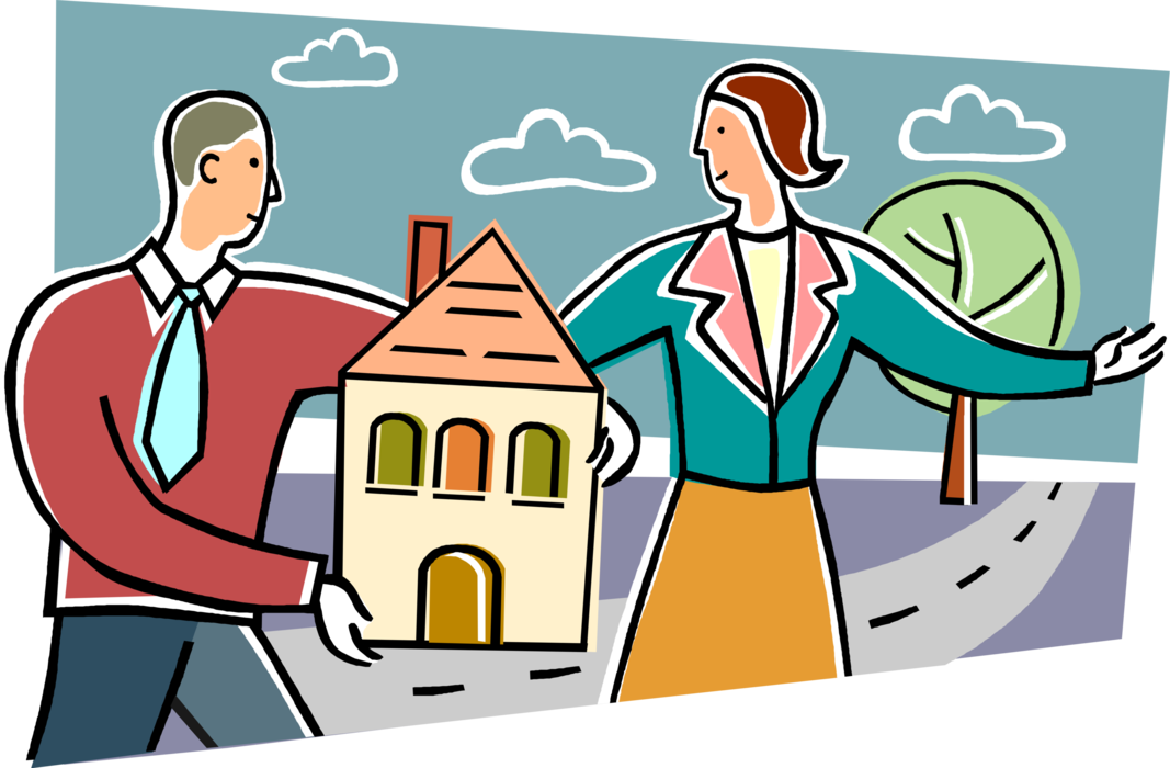 Vector Illustration of Homeowner Couple Buy New Real Estate Family Residence Home in Neighborhood