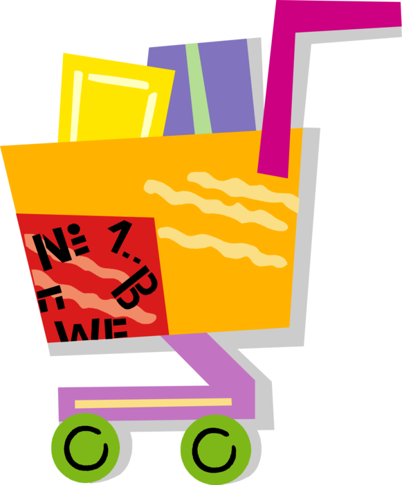 Vector Illustration of Supermarket Grocery Store Shopping Cart Filled with Groceries