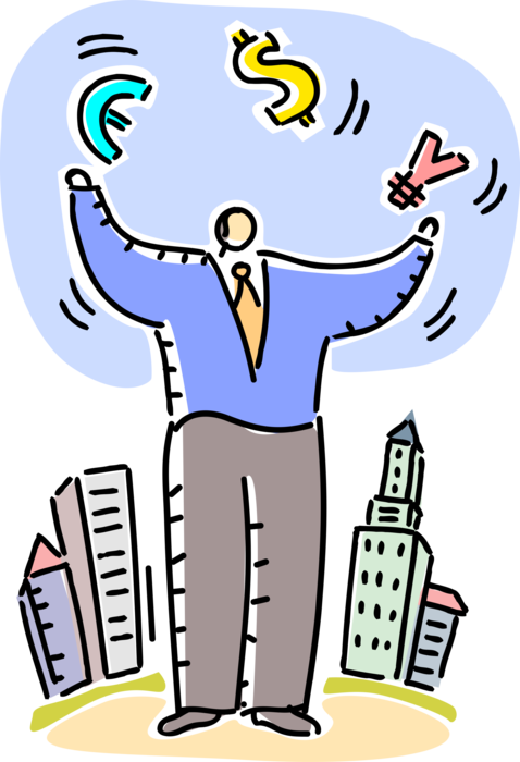 Vector Illustration of Businessman Juggler Juggles International Financial Market Currency Money Symbols