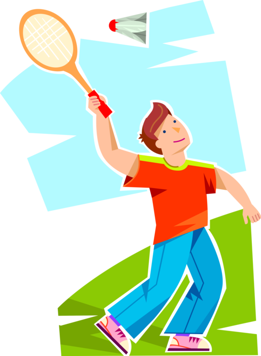 Vector Illustration of Young Boy Plays Badminton Outdoors with Racket and Shuttlecock Birdie