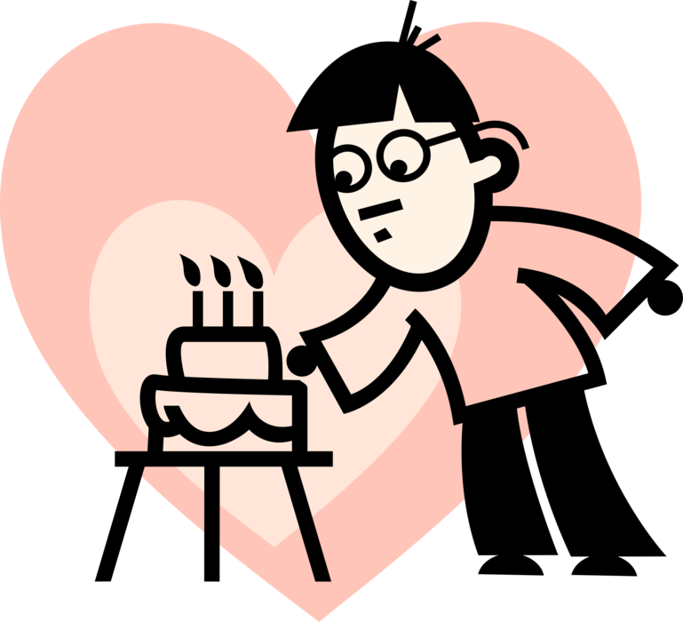 Vector Illustration of Birthday Boy Blows Out Lit Candles on Birthday Cake