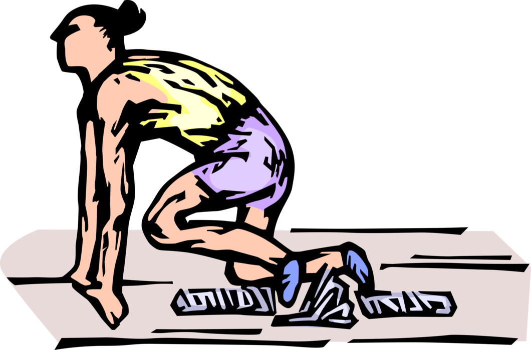 Vector Illustration of Track and Field Athletic Sport Contest Sprinter Gets Ready in Blocks to Run Race