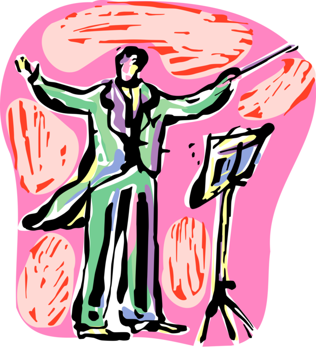 Vector Illustration of Symphony Orchestra Conductor Maestro with Baton Conducting Music