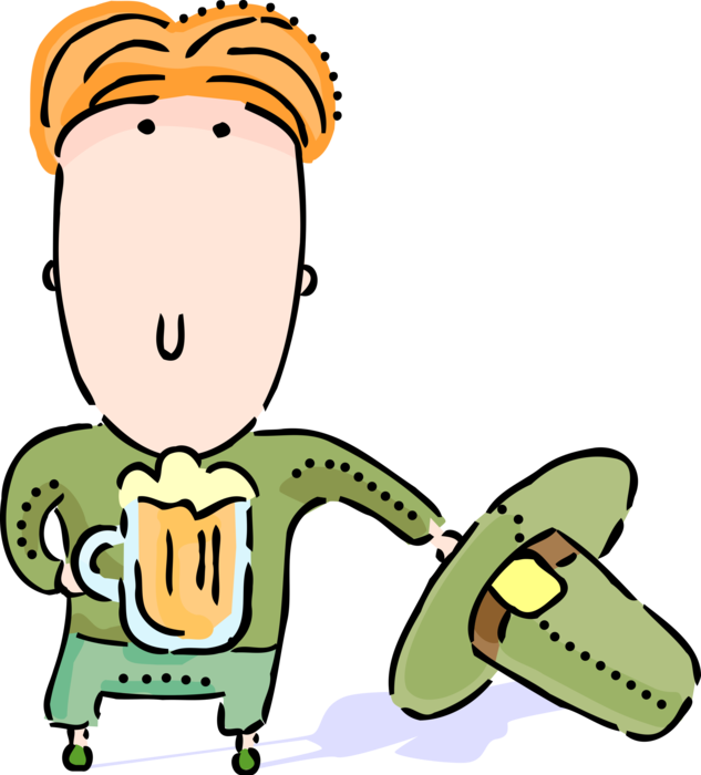 Vector Illustration of St Patrick's Day Ginger Haired Irish Beer Lover Chugs Beer Fermented Malt Barley Alcohol Beverage