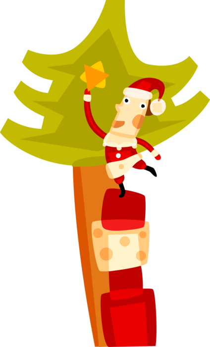 Vector Illustration of Santa Claus, Saint Nicholas, Saint Nick, Father Christmas, Places Star on Evergreen Christmas Tree