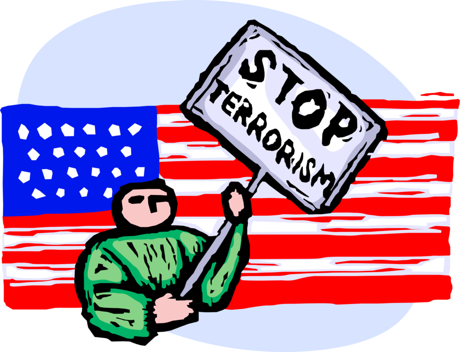 Vector Illustration of Demonstrator with Stop Terrorism Protest Sign Protests with American Flag