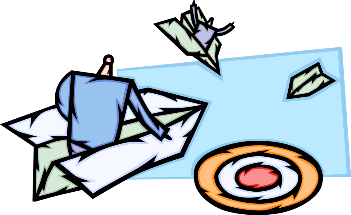 Vector Illustration of Businessmen Fly Paper Airplanes to Hit Sales Quota Target Bullseye or Bull's-Eye