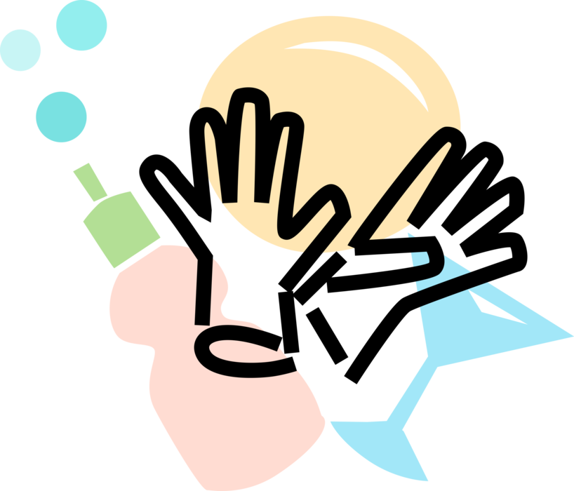 Vector Illustration of Liquid Dish Soap with Rubber Gloves, Dishes and Glasses