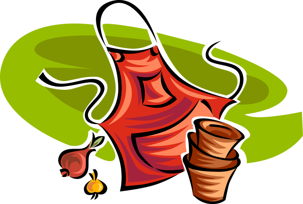 Vector Illustration of Gardening Apron and Clay Flower Pots with Bulbs
