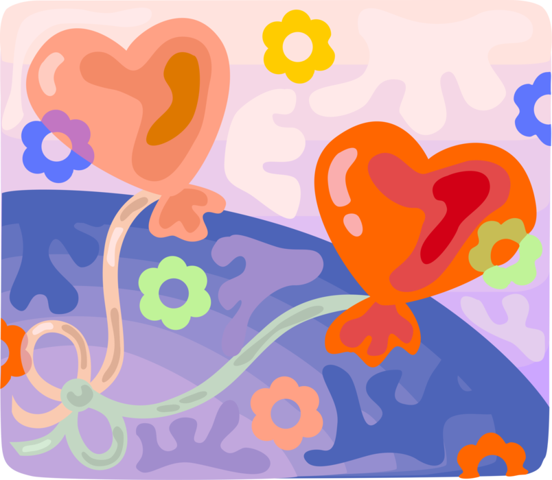 Vector Illustration of Valentine's Day Sentimental Love Heart Balloons Tied Together Expression of Affection