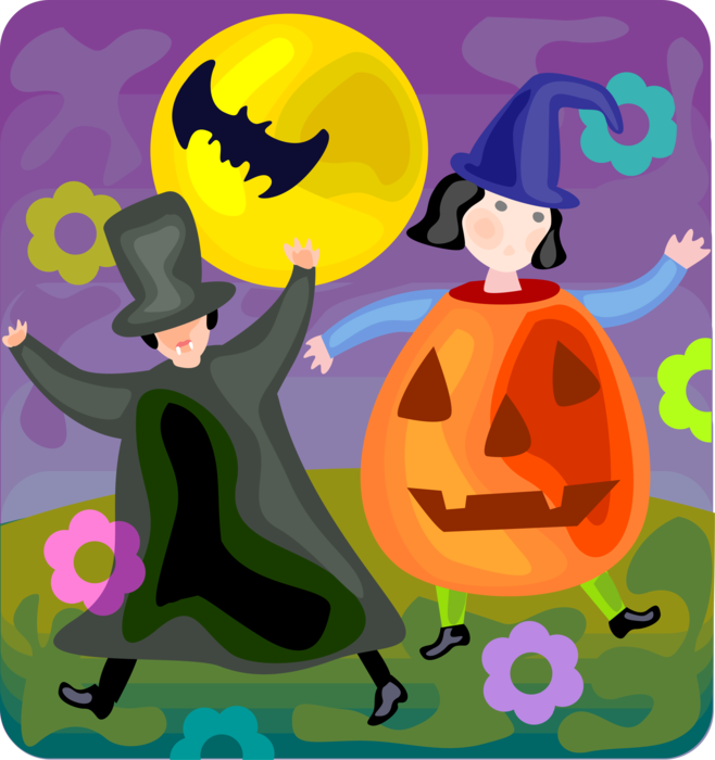 Vector Illustration of Halloween Children in Costumes Trick or Treating with Vampire Bat and Full Moon