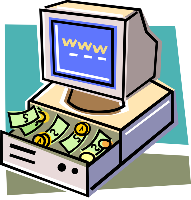 Vector Illustration of Internet Online Purchase Transactions with Personal Computer as Cash Register