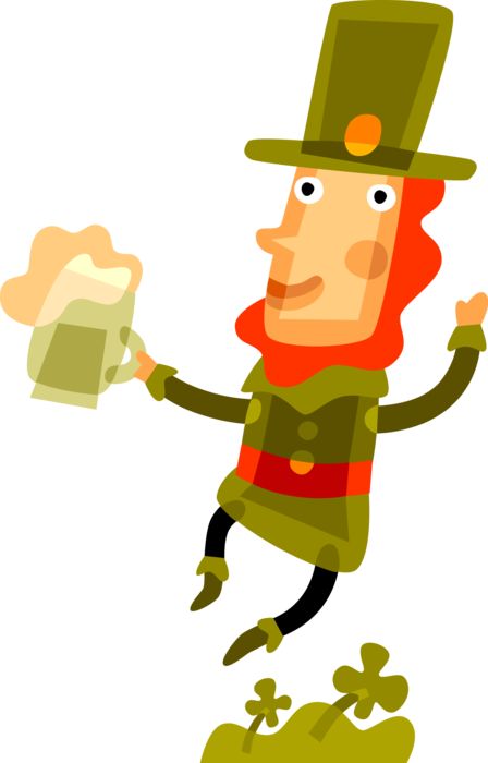 Vector Illustration of Irish Mythology Leprechaun Drinks Beer and Celebrates on St. Patrick's Day