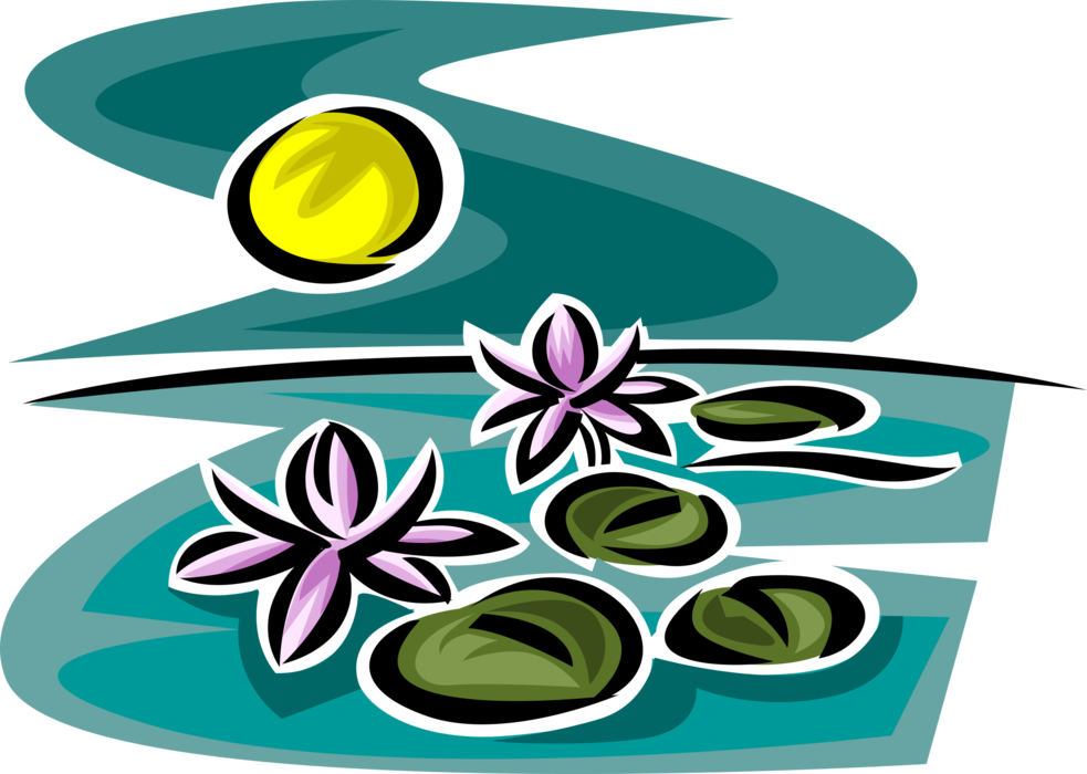 Vector Illustration of Botanical Horticulture Aquatic Plant Lily Pad Leaf and Flowers with Sun Shining