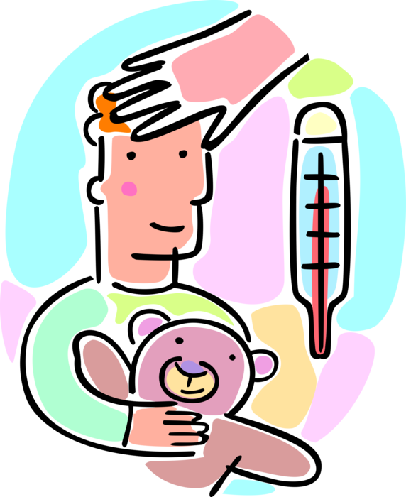 Vector Illustration of Sick Boy with Thermometer and Temperature Fever