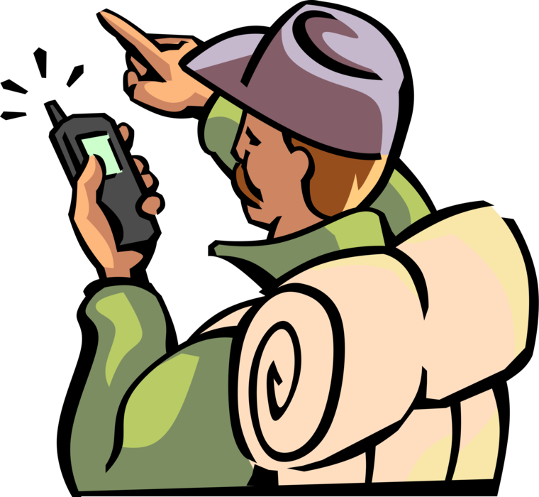 Vector Illustration of Hiker Checks Mobile GPS Global Positioning System for Navigation Directions