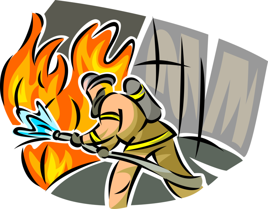 Vector Illustration of Firefighter Fireman Fights Raging Inferno Fire with Fire Hose and Water