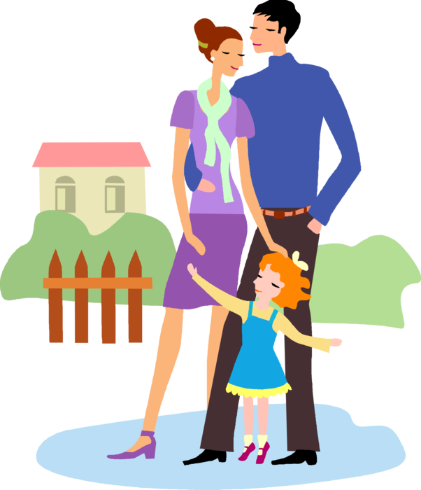 Vector Illustration of Young Family Father and Mother with Toddler Child Outdoors with Family Home Residence