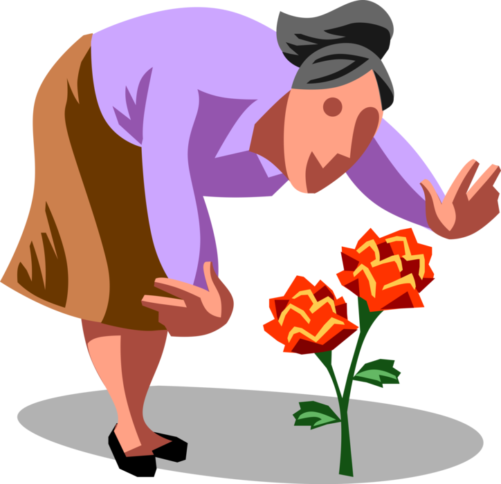 Vector Illustration of Gardener Stops to Smell the Roses Flowers in Outdoor Garden