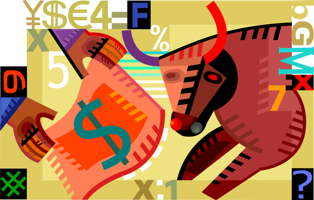 Vector Illustration of Businessman Matador Tames Charging Bull Market Wall Street Stock Exchange Bull with Horns