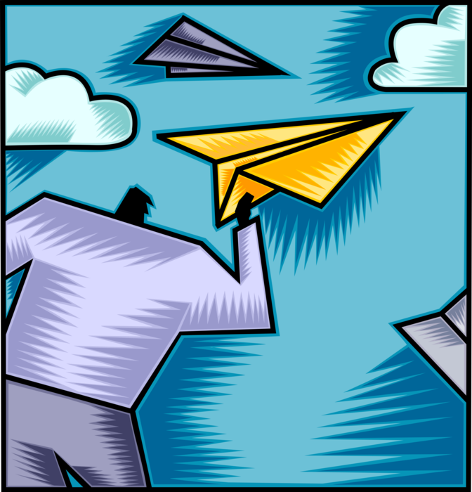 Vector Illustration of Businessman Throws Toy Paper Airplane