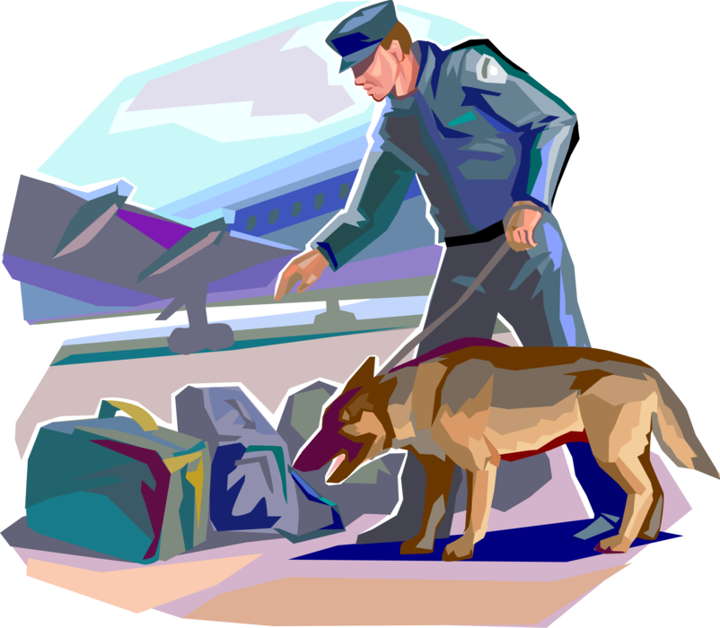 Vector Illustration of Airport Security Sniffer Dog Checks Passenger Baggage Luggage for Smuggled Contraband and Bombs