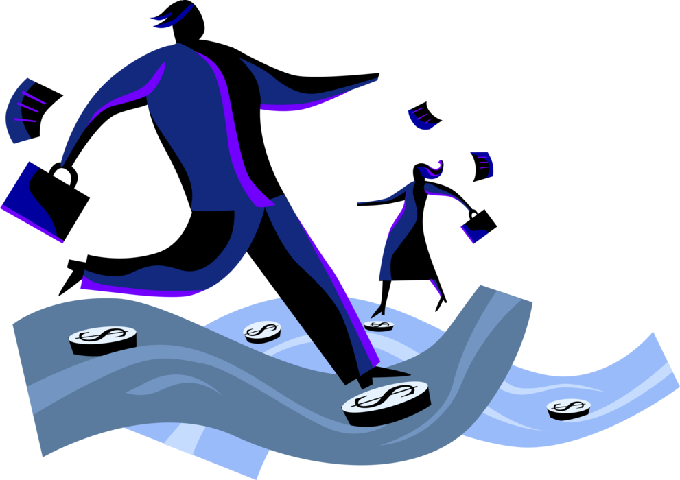 Vector Illustration of Business Colleagues Navigate Unstable Turbulent Financial Waters with Cash Money Revenue Coins