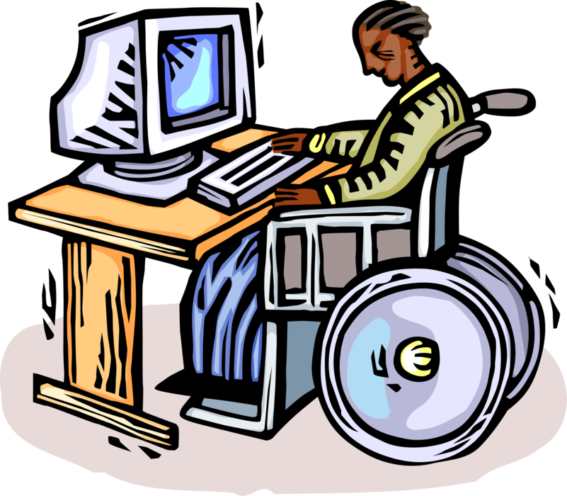 Vector Illustration of Office Worker in Handicapped or Disabled Wheelchair Works with Desktop Computer