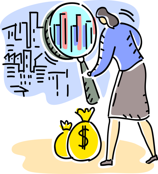 Vector Illustration of Businesswoman Investigates Market Opportunities to Expand Business with Magnifying Glass