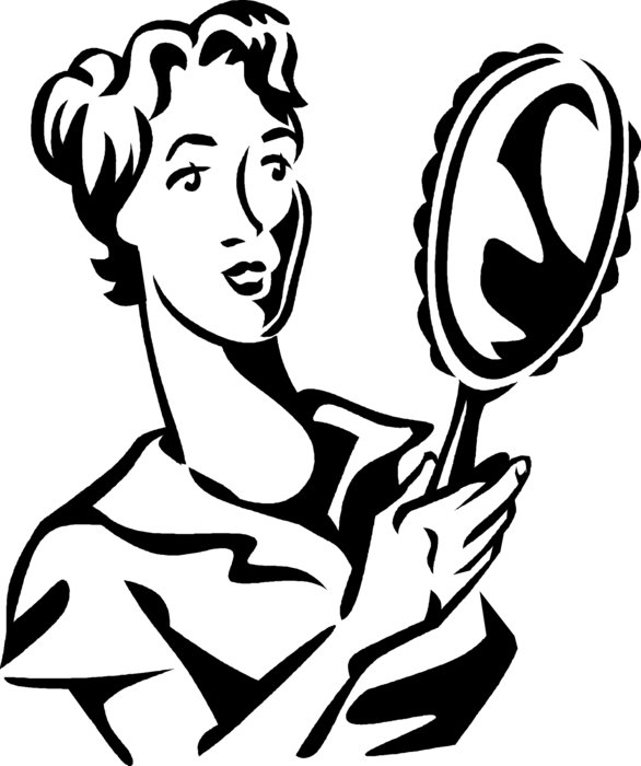 Vector Illustration of Woman Looks in Hand-Held Mirror