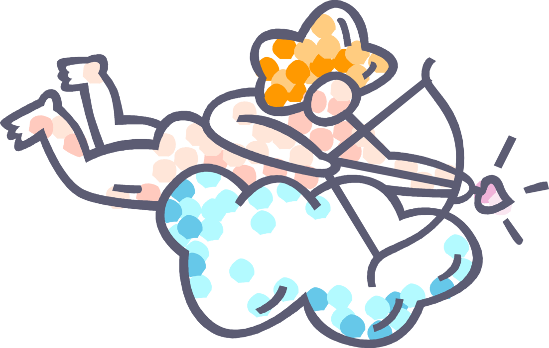 Vector Illustration of Cupid God of Desire and Erotic Love on Fluffy Cloud Shoots Archery Bow and Arrow