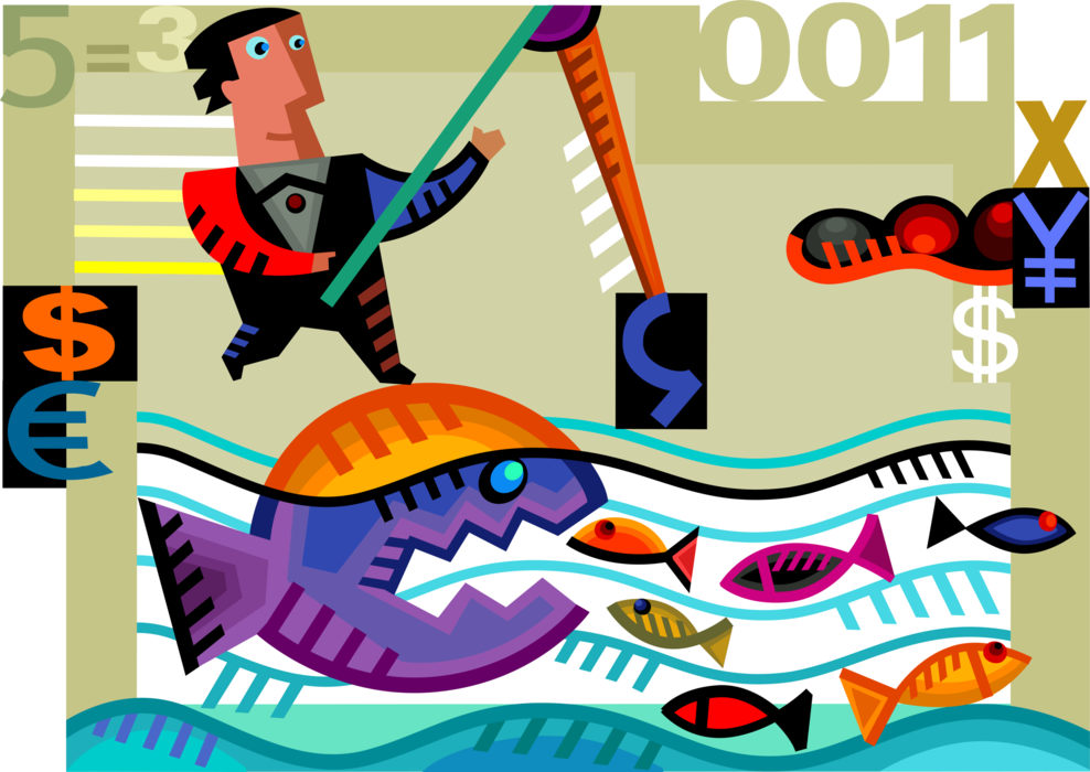 Vector Illustration of Businessman Fisherman Angler Rides Large Fish with Fishing Rod to Catch Small Fish Prospective Clients