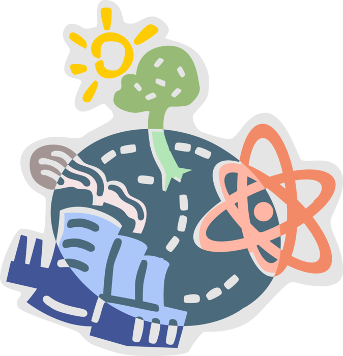 Vector Illustration of Atomic Nuclear Energy Industry Reduces Carbon Dioxide Greenhouse Gas in Environment