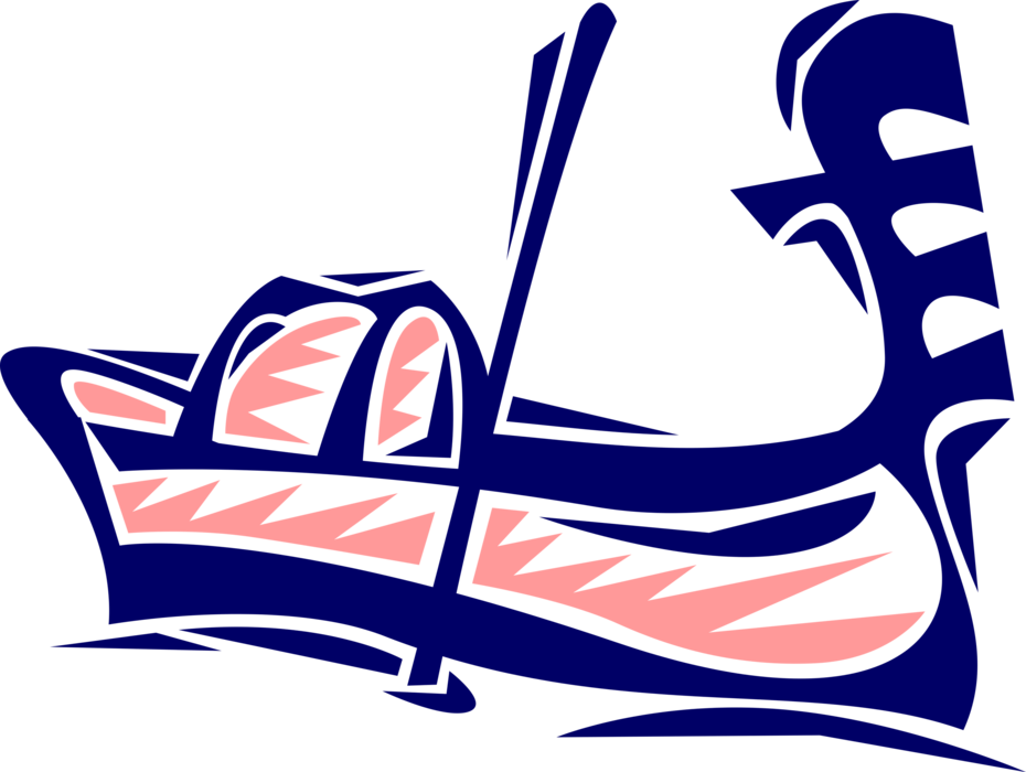 Vector Illustration of Venetian Gondola Steered by Gondolier in Canals of Venice, Italy