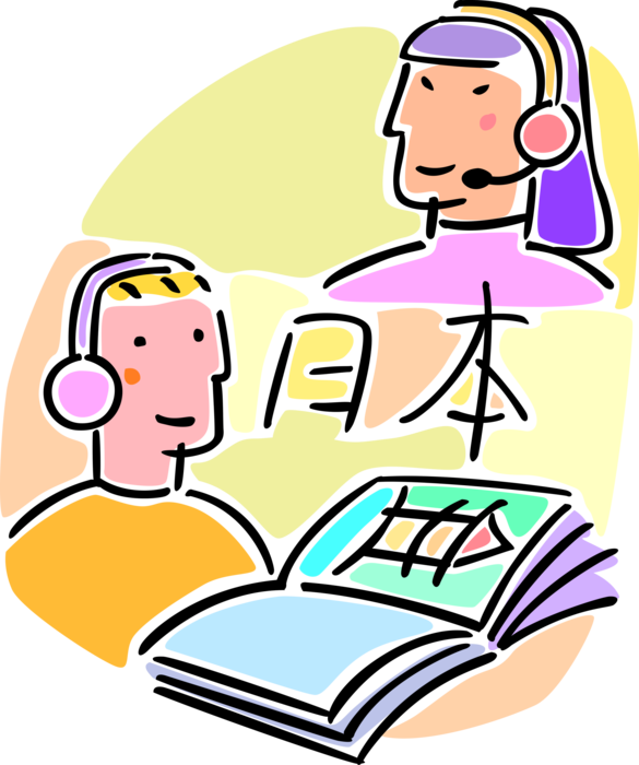 Vector Illustration of School Student Learns Japanese Language with Teacher Instructor and Headphones