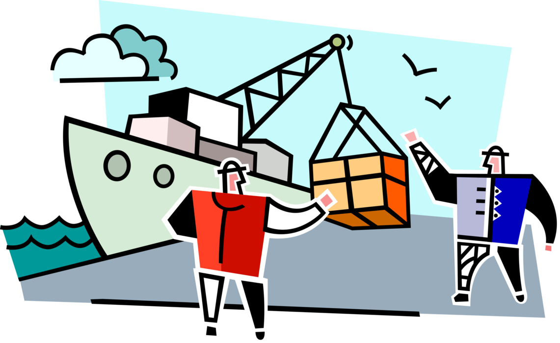 Vector Illustration of Longshoreman Stevedore Dockworker Waterfront Manual Laborers Load and Unload Cargo Ship