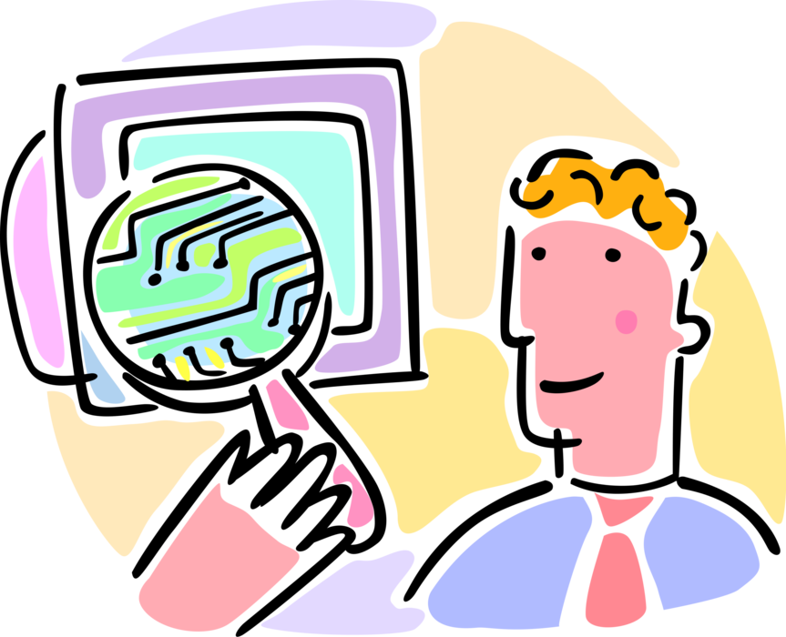 Vector Illustration of Technological Innovation with Computer Circuit Board Magnification Through Magnifying Glass