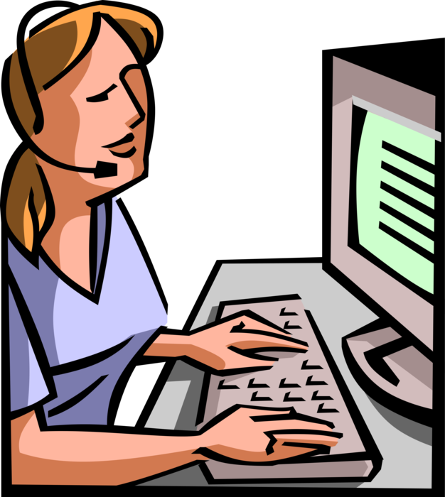 Vector Illustration of Office Telemarketer Worker with Headset Working at Computer