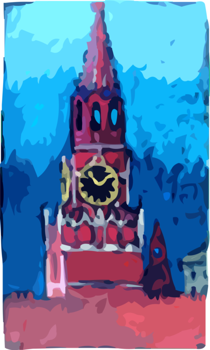 Vector Illustration of Spasskaya Tower Savior's Tower at Moscow Kremlin Overlooking Red Square, Russia