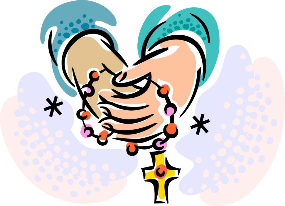 Vector Illustration of Hands Hold Christian Catholic Church Rosary Prayer Beads Count Component Prayers