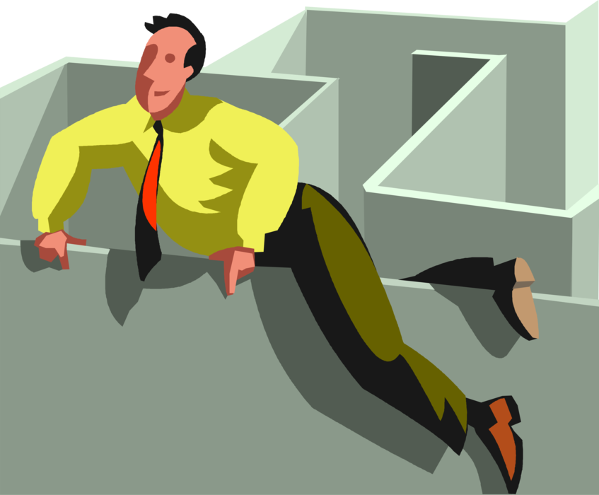 Vector Illustration of Businessman Uses Ingenuity to Escape Maze Labyrinth with Walls and Passageways
